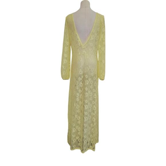 Open Edit Yellow Floral Sheer Lace Maxi Dress M Deep V Back Cottage Boho Y2K - Picture 5 of 11